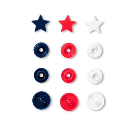 Plastové patentky "Color Snaps" hvězdičky, Prym Love, 12,4 mm, 30 ks, červené/bílé/námořnicky modré